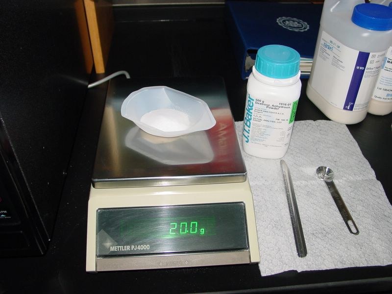 While potatoes and Agar are cooking, weigh out 10 grams of Dextrose and 1.5 grams of Yeast Extract.
