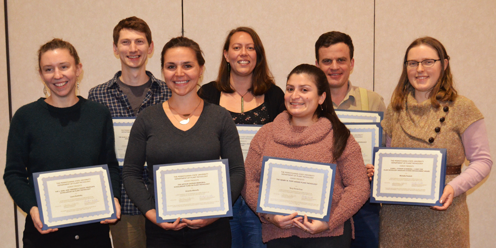 2020 Department awards and scholarships recipients announced From left, graduate students Laura Kaminsky, Chauncy Hinshaw, Amanda Mainello, Hanareia Ehau-Taumaunu, Terry Torres-Cruz, Phillip Martin and Michelle Paukett pose for a photo during the department’s annual winter celebration. IMAGE: NANCY WENNER