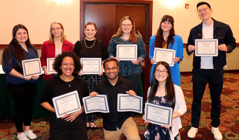 Graduate students in the Department of Plant Pathology and Environmental Microbiology were honored during the department’s annual celebration on May 2 at the Ramada Hotel & Conference Center in State College. From left, back row, are Terry Torres-Cruz, Sarah Richards, Mary Smith, Michelle Paukett, Emma Wallace and Xiangrong (Ryan) Guo. In front are Rachel Richardson, Md Tariqul Islam and Karen Luong. Not pictured are Lindsay Coulter, Hanareia Ehau-Taumaunu, Elisa Lauritzen and Johanny Castro. Credit: Penn State. All Rights Reserved.