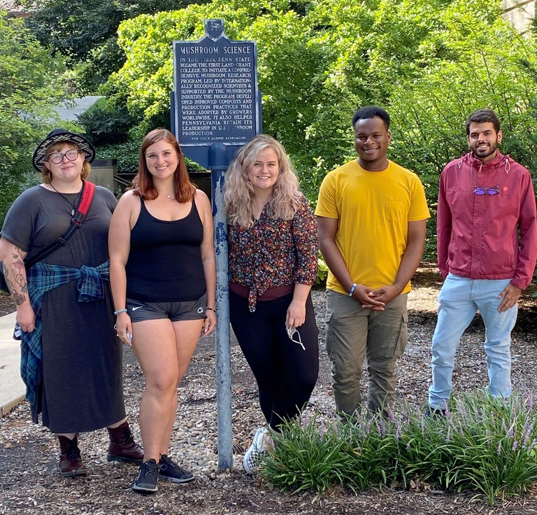 Incoming plant pathology graduate students Chelsea Newbold, Mariah Kidd, Avalon Miller, Evan Buckner and Franco Acevedo Lugo stop for a photo during the department's graduate student orientation on August 20. Not pictured: Andrew Miles, Lily Cao, Maria Alejandra Gil Polo and Nicholas Gabel. IMAGE: PENN STATE