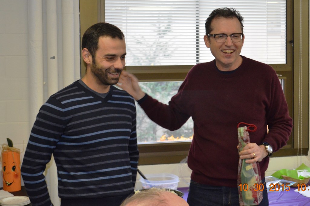 Dr. David Geiser (right) congratulating Dr. Vasileios Bitas (left) on his new position as a Symbiota scientist in Cambridge, MA.
