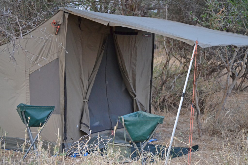 During the first half of the trip (walking safari), we slept in different locations in a two-person tent most nights, usually pitched near a waterhole. Our tent sites were visited by lions, giraffes, buffalos, warthogs, and many other mammals and birds. Photo courtesy of Donald D. Davis.
