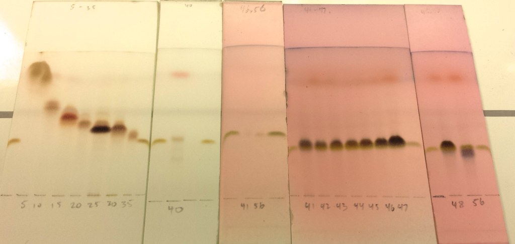 Series of TLC plates showing various compounds eluting from the column, including DON from fractions 41 to 56.
