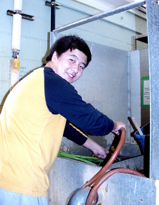 Li Guo washes the soil off the roots of his harvested corn plants.